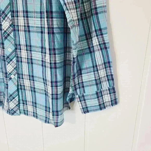 Talbots Petite NWT Teal Plaid Metallic Lightweight Button-Up Shirt Size Medium - Picture 4 of 7